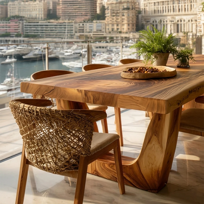 Contemporary wooden dining table with sculptural base, perfect for upscale open dining space