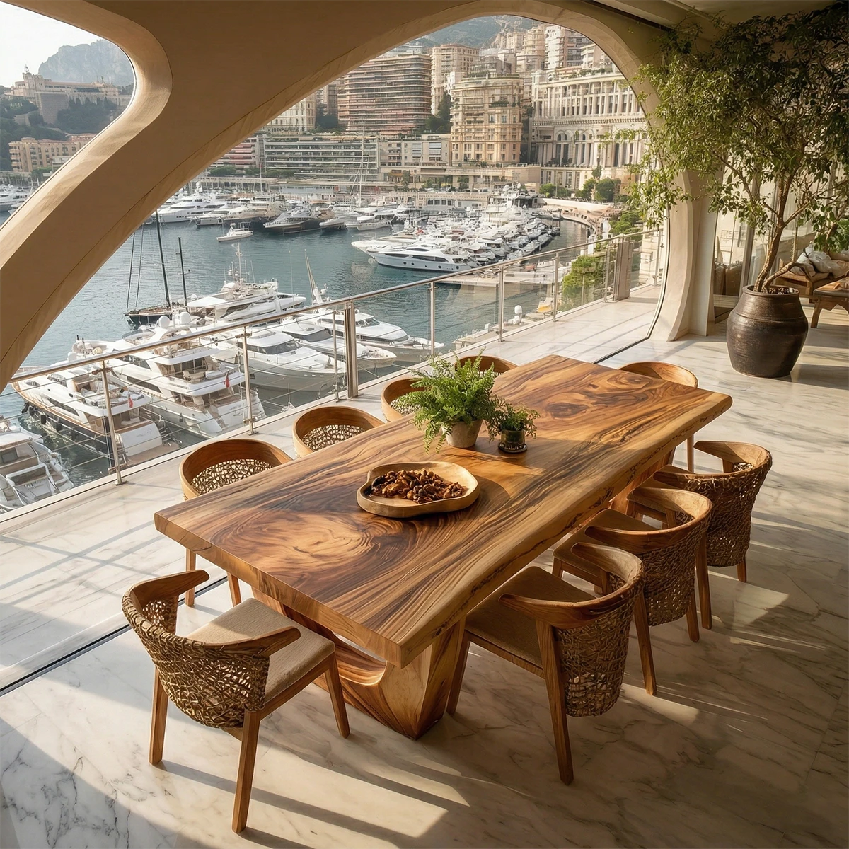 Luxury dining table in solid wood with smooth finish, ideal for bright coastal interior design