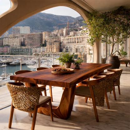 Minimalist dining table with natural wood texture, warm tones enhancing modern living spaces