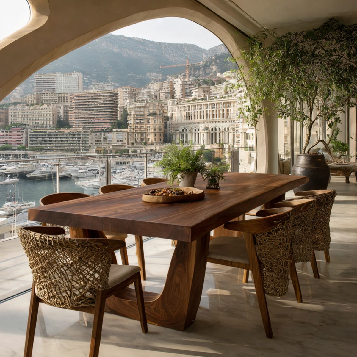 High-end dining table with thick wood top, designed for sophisticated coastal home interiors