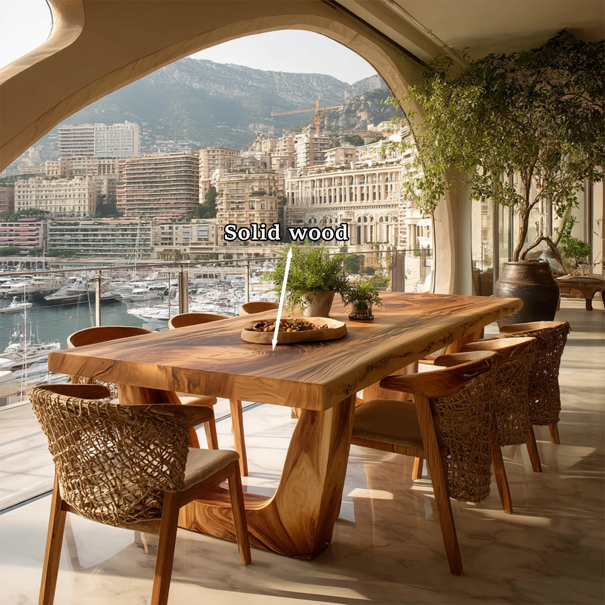 Premium solid wood dining table with unique grain pattern, ideal for modern upscale interiors