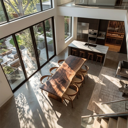 Contemporary dining table with organic wood slab, elegant minimalist kitchen and dining area