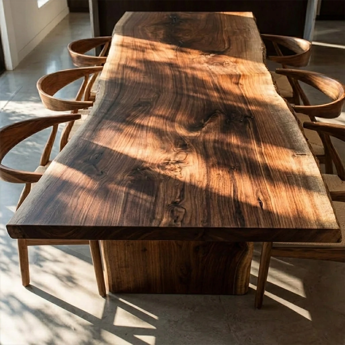Modern handcrafted dining table with natural texture, perfect for bright open concept interiors