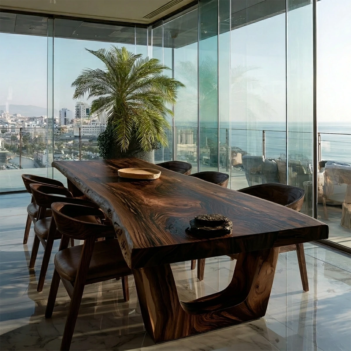 Minimalist dining table with natural wood grain detail, ideal for modern coastal dining room setting