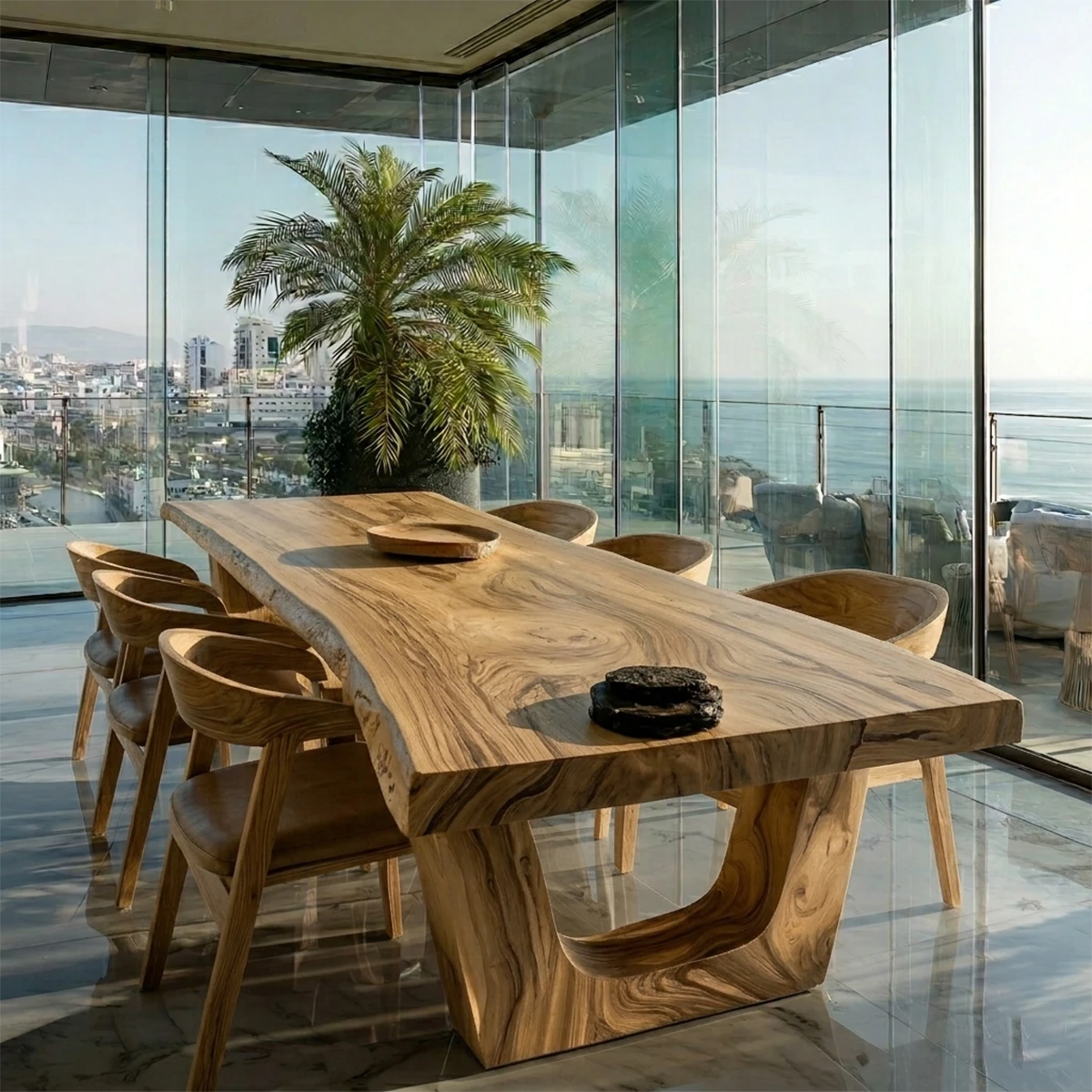 High-end wooden dining table with live edge finish, centerpiece for contemporary luxury home