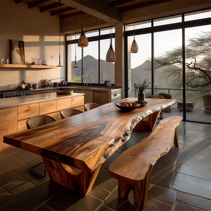 Modern handcrafted dining table with unique wood texture, perfect for open concept kitchen space