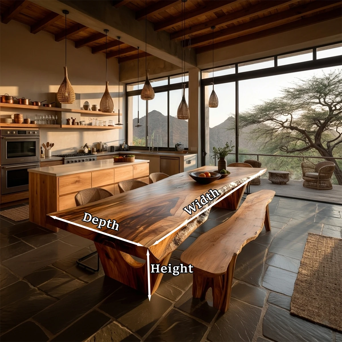 Custom dining table with natural slab surface, perfect for contemporary kitchen dining layout