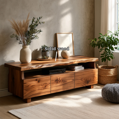 A low profile TV stand with live edge top adds warmth and natural character to this space