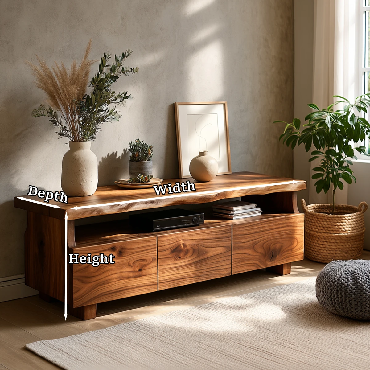 Designed with storage drawers, this solid wood TV stand brings balance to modern interiors