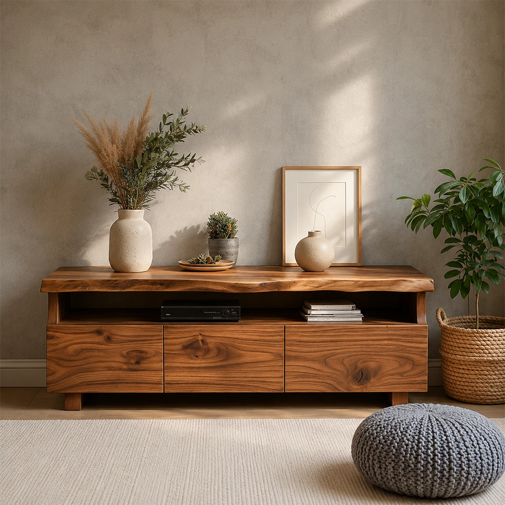 Wooden TV stand with decorative items in a room with plants and a pouf.