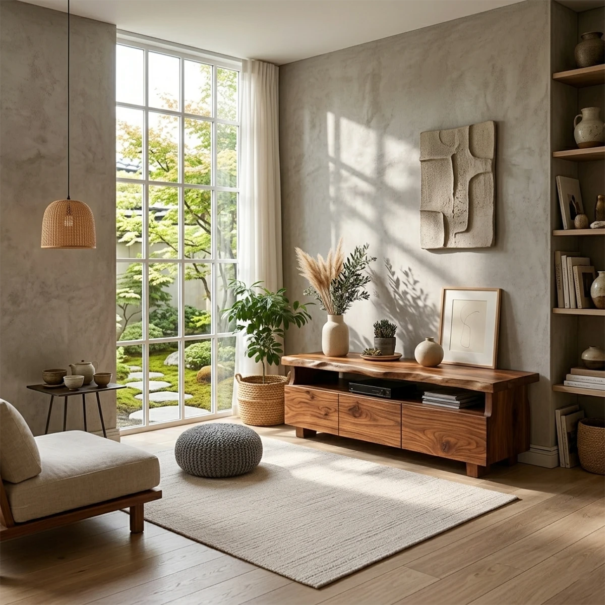 A modern media console with live edge top and natural wood grain adds texture to this cozy space