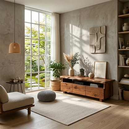 A modern media console with live edge top and natural wood grain adds texture to this cozy space