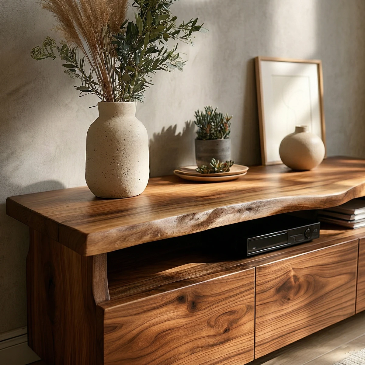 Solid wood TV stand featuring live edge detail and storage creates a functional focal point