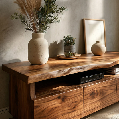 Solid wood TV stand featuring live edge detail and storage creates a functional focal point