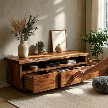 In this bright interior, a live edge media console introduces organic texture and warmth