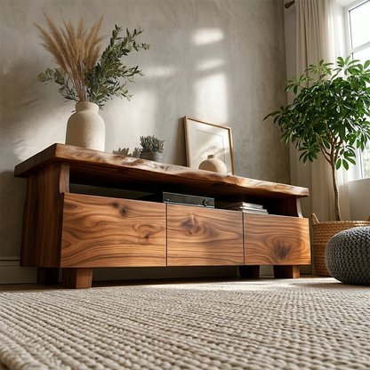 Contemporary TV stand with natural wood grain and open shelf storage enhances modern décor