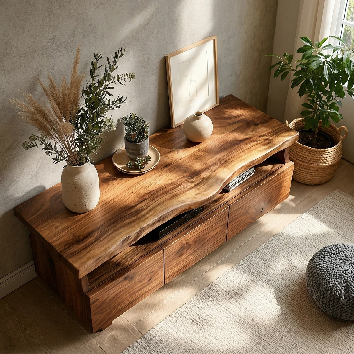 A solid wood media console with live edge top and drawers blends function with organic style