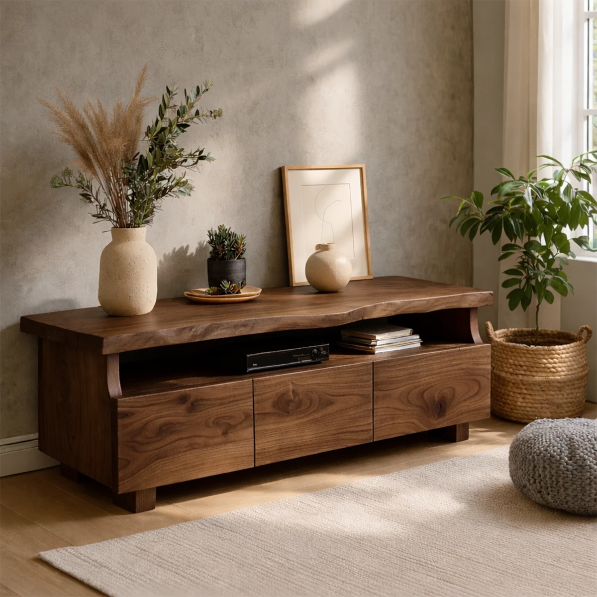 Minimalist living room styled with a live edge TV stand offering storage and clean design