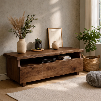 Minimalist living room styled with a live edge TV stand offering storage and clean design
