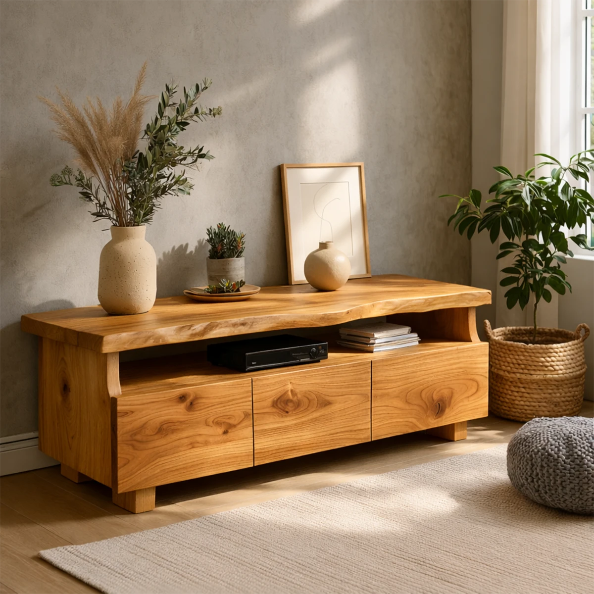 This modern TV stand showcases natural wood texture with live edge detail and open shelving