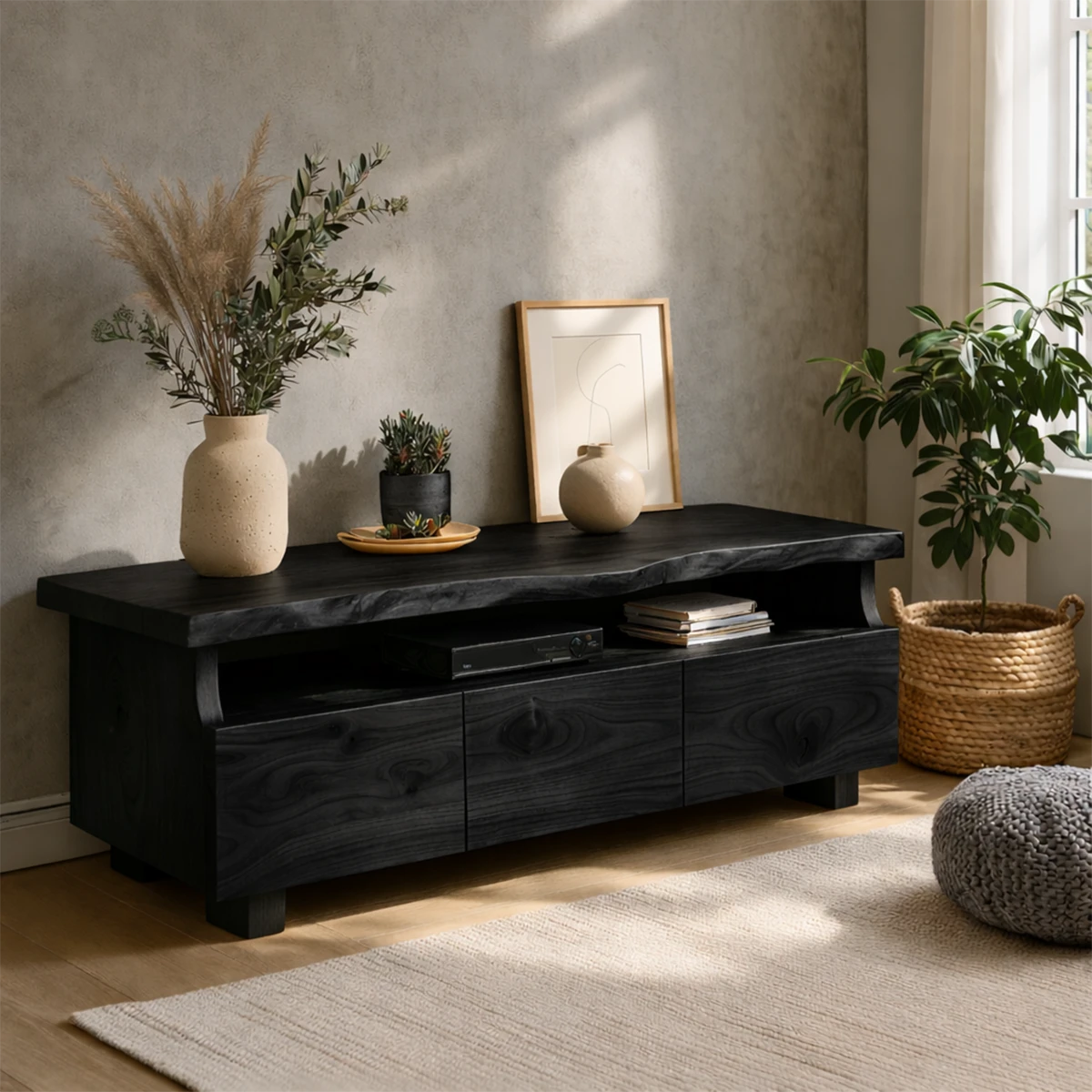 Refined interior featuring a solid wood media console with drawers and organic edge design