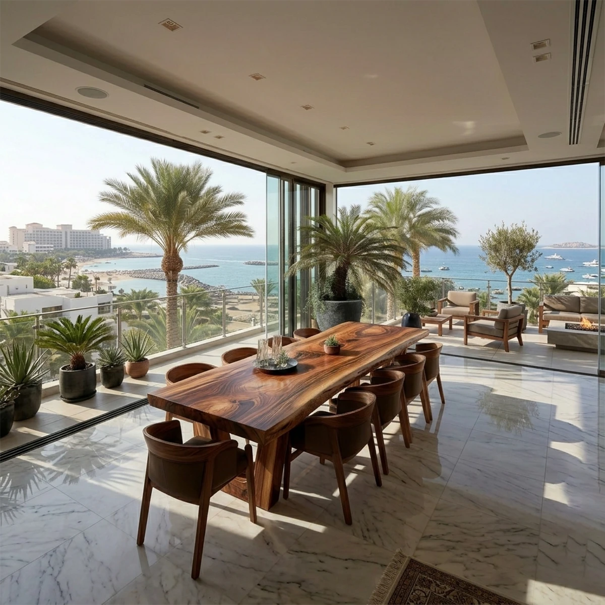Contemporary dining table with organic wood slab, perfect for bright luxury seaside interiors