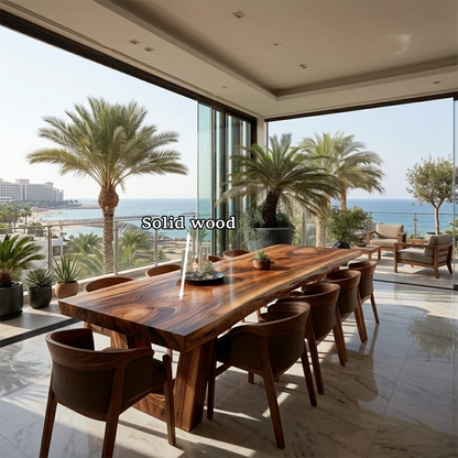 Elegant wooden dining table with clean lines, designed for bright open space dining areas