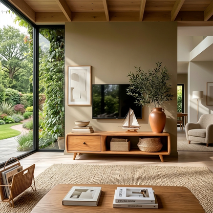 Minimal interior setup using a sleek TV console with drawer and open shelf design