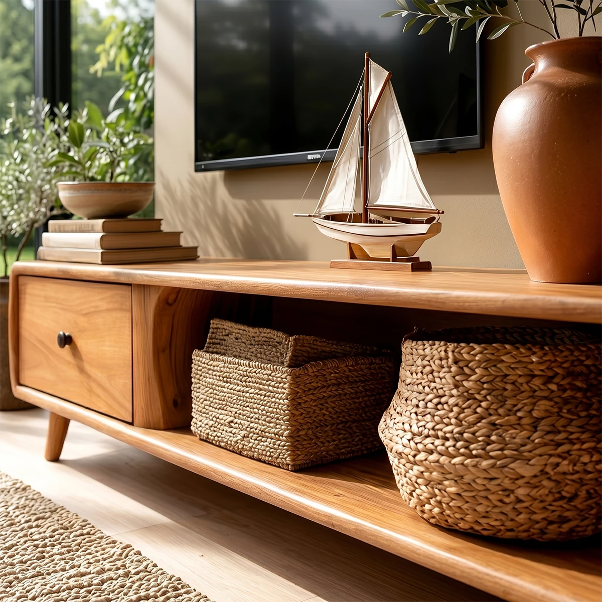 Light wood entertainment unit placed under wall TV with decorative storage baskets