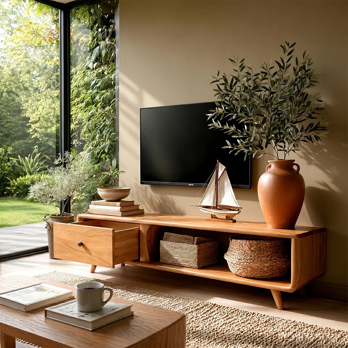 Cozy modern living space with low profile TV furniture and practical open compartments