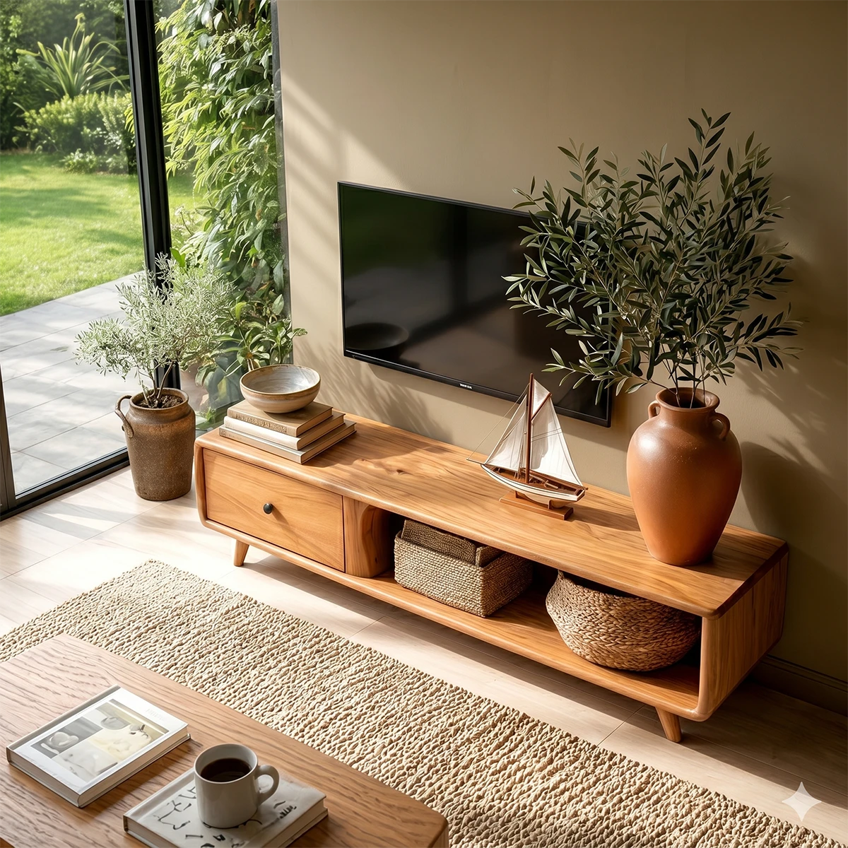 Scandinavian inspired TV unit with mixed storage and clean light wood appearance