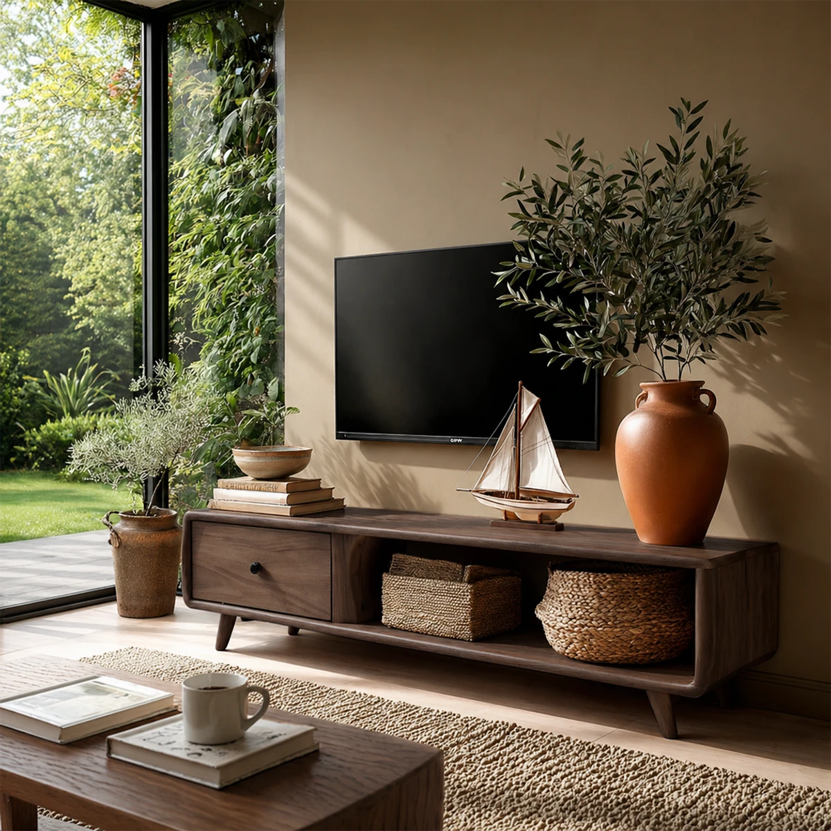 Functional living room cabinet supporting TV with open shelving and smooth wood texture
