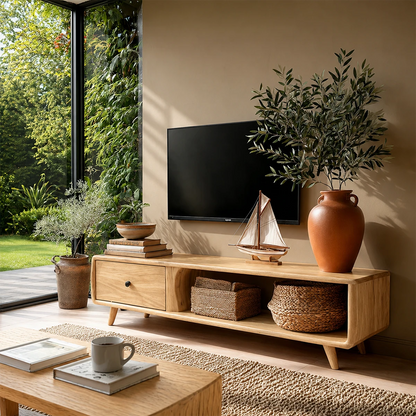 Airy home design showcasing a simple TV console with storage and natural wood tone