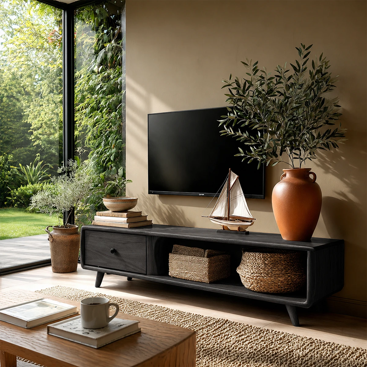 Modern media furniture with drawer and open shelf layout in a bright living room
