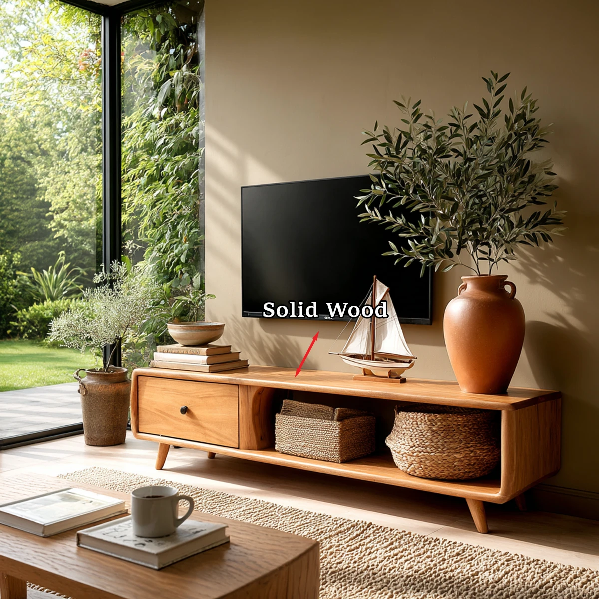 Low height TV cabinet with soft edges and organized storage in minimalist setting