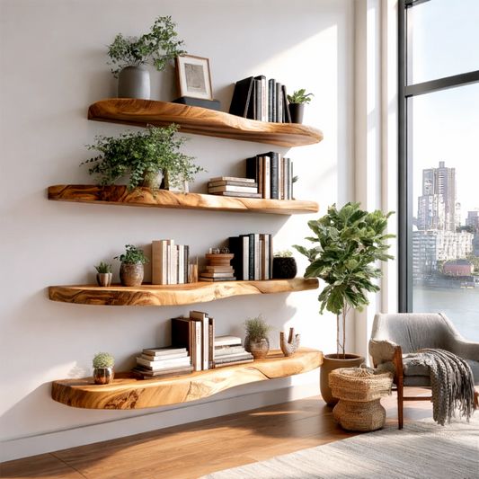 Long floating wall shelves with natural live edge detail and warm oak tone finish storage display