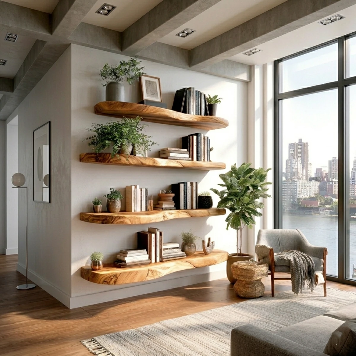 Modern long floating shelves designed with organic slab styling and smooth oak tone finish wall decor