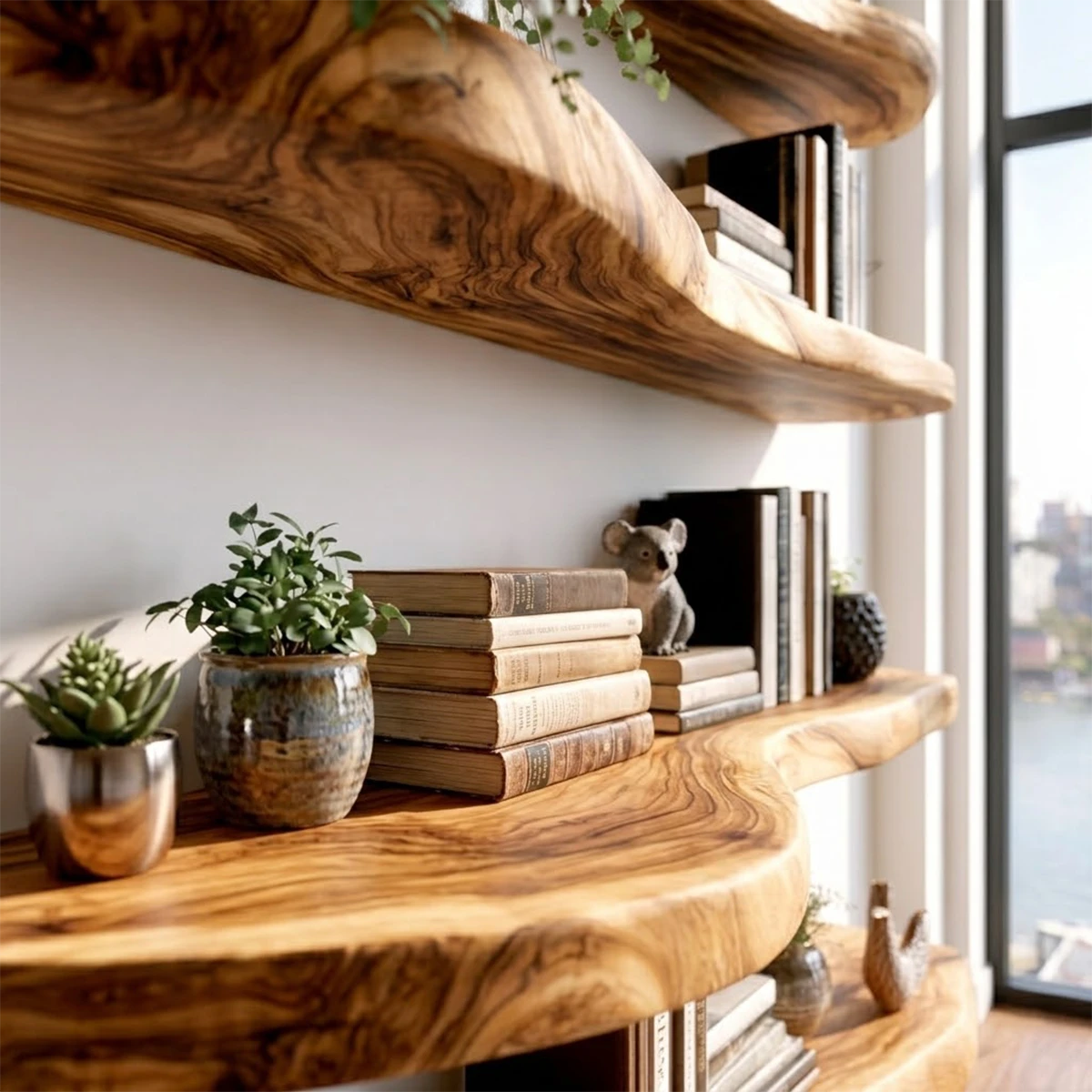 Contemporary wall mounted shelves showcasing natural slab contours and refined oak tone finish