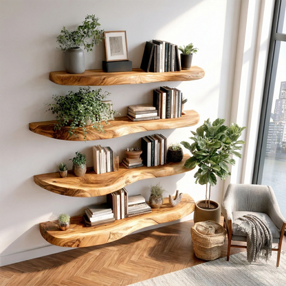 Decorative long wall shelves designed with handcrafted slab profile and warm oak tone finish
