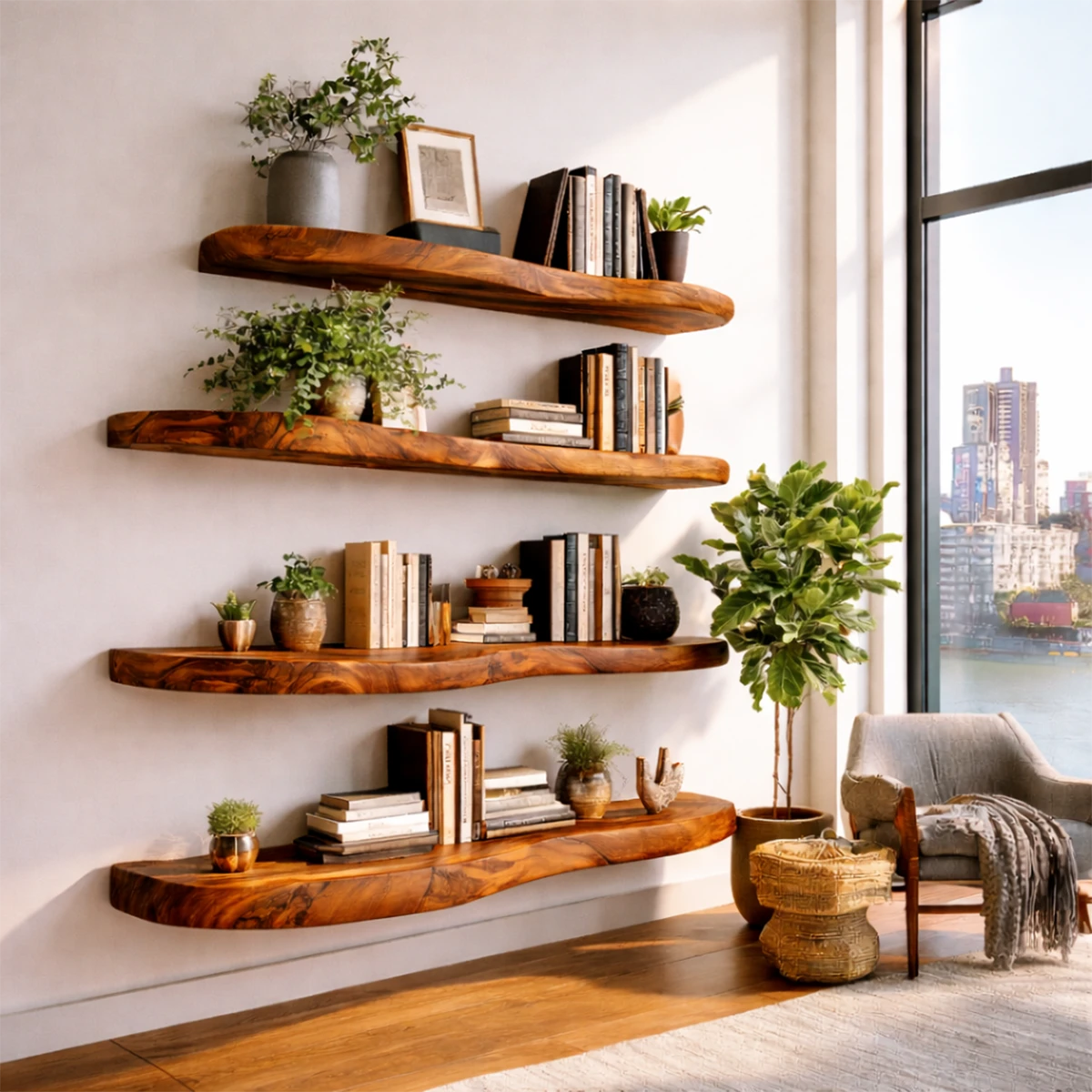 Functional floating display shelves featuring organic slab movement and smooth brown tone finish