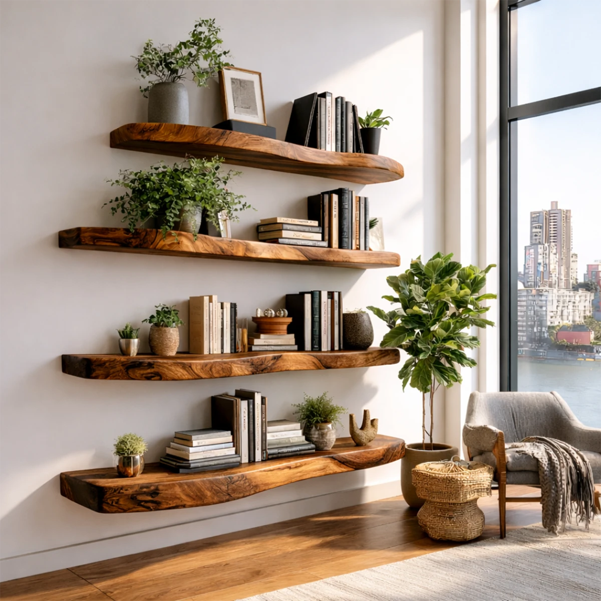 Japandi style long floating shelves showcasing natural slab texture and elegant walnut tone finish