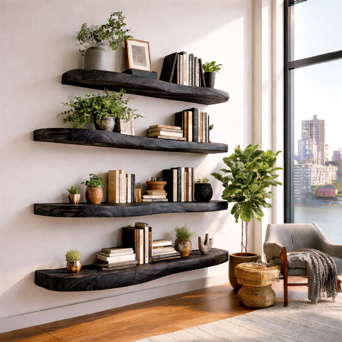 Rustic modern floating wall shelves displaying flowing grain patterns and warm black tone finish