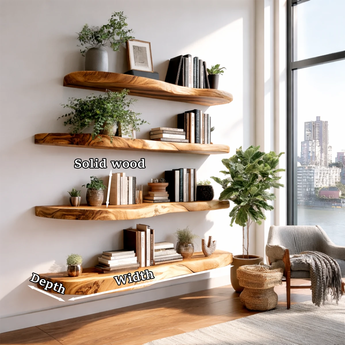 Rustic modern floating wall shelves displaying flowing grain patterns and warm oak tone finish