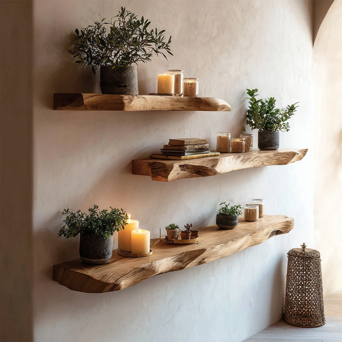 Long floating shelves featuring natural live edge styling and smooth oak tone finish wall storage