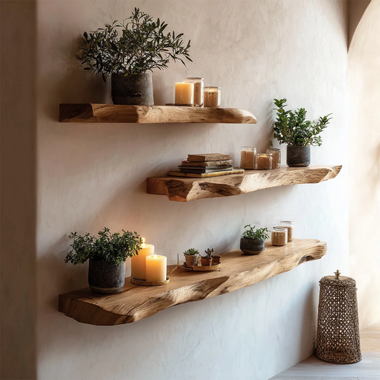 Long floating shelves featuring natural live edge styling and smooth oak tone finish wall storage