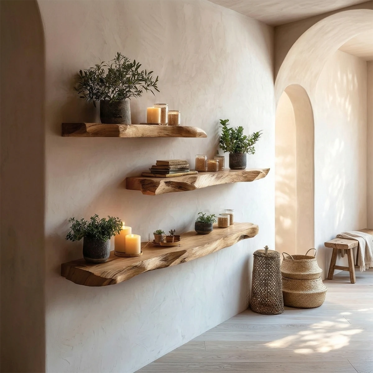 Modern wall mounted shelves designed with organic slab detail and refined oak tone finish display