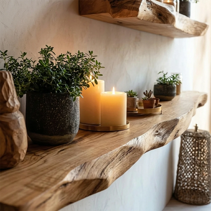Contemporary floating shelves showcasing handcrafted slab edges and warm oak tone finish