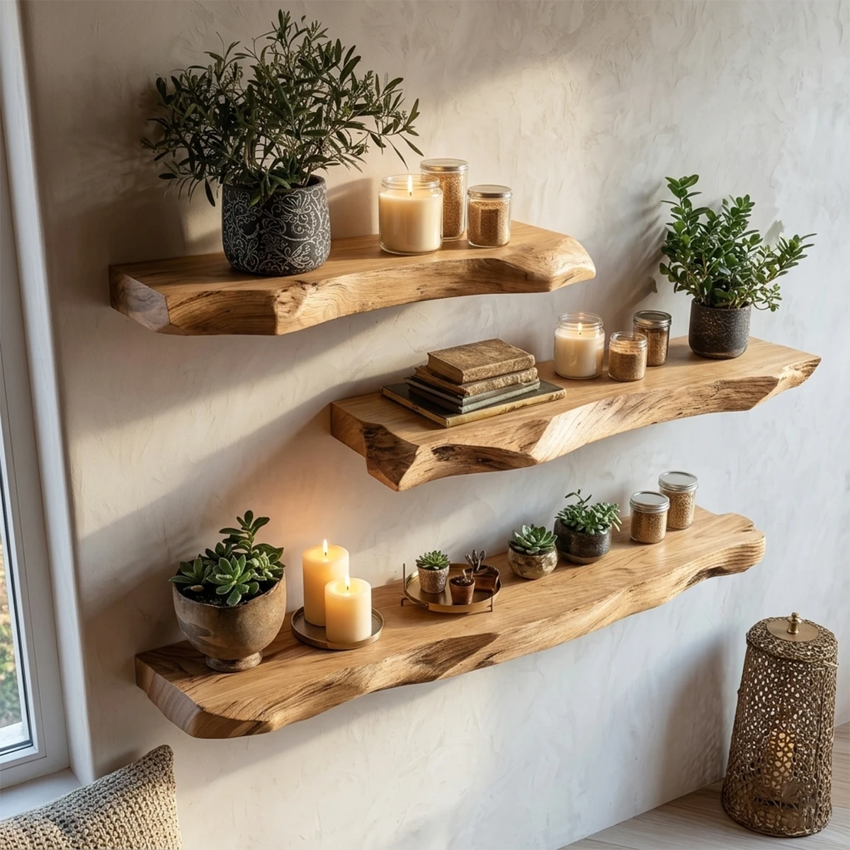 Minimalist wall floating shelves featuring natural live edge contour and smooth oak tone finish