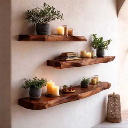 Decorative long wall shelves designed with sculpted slab styling and polished brown tone finish