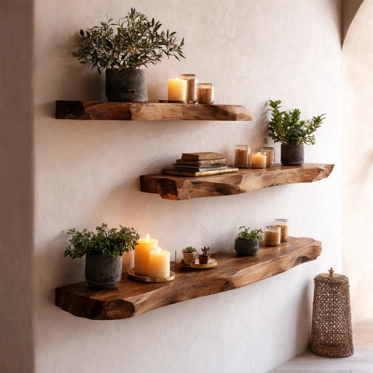 Functional floating wall shelves showcasing organic slab character and refined walnut tone finish